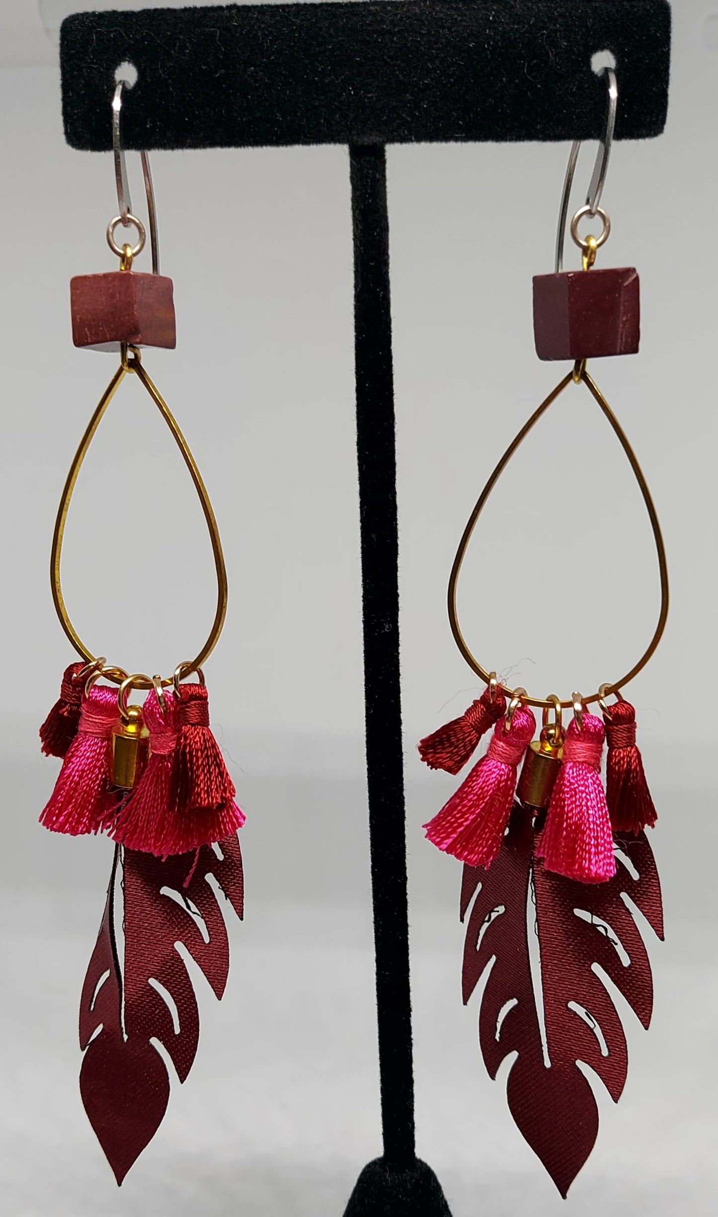 Burgundy Leaf and Fringe Earrings