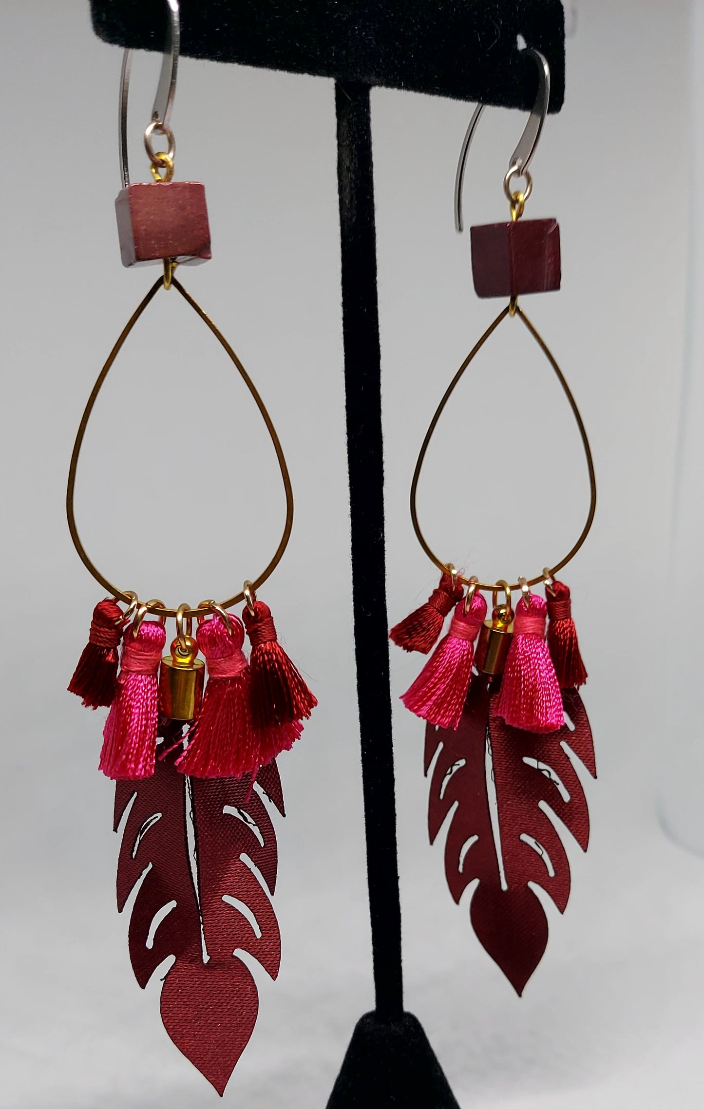 Burgundy Leaf and Fringe Earrings