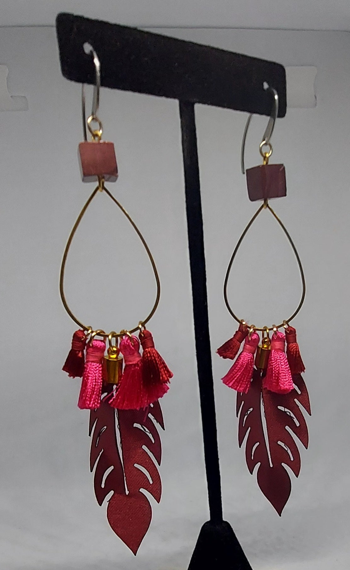 Burgundy Leaf and Fringe Earrings