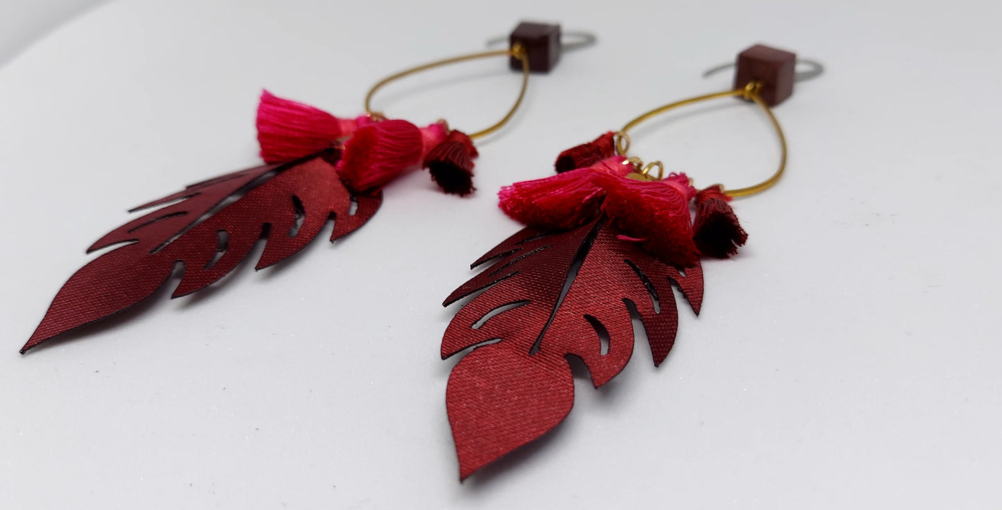 Burgundy Leaf and Fringe Earrings