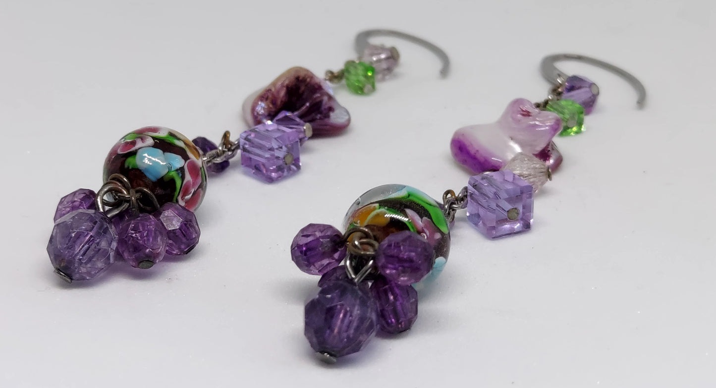 Purple Flowers Beaded Earrings