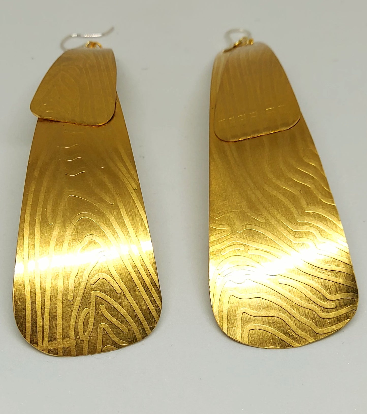 Long Double Thumbprint Pyramids Brass Earrings