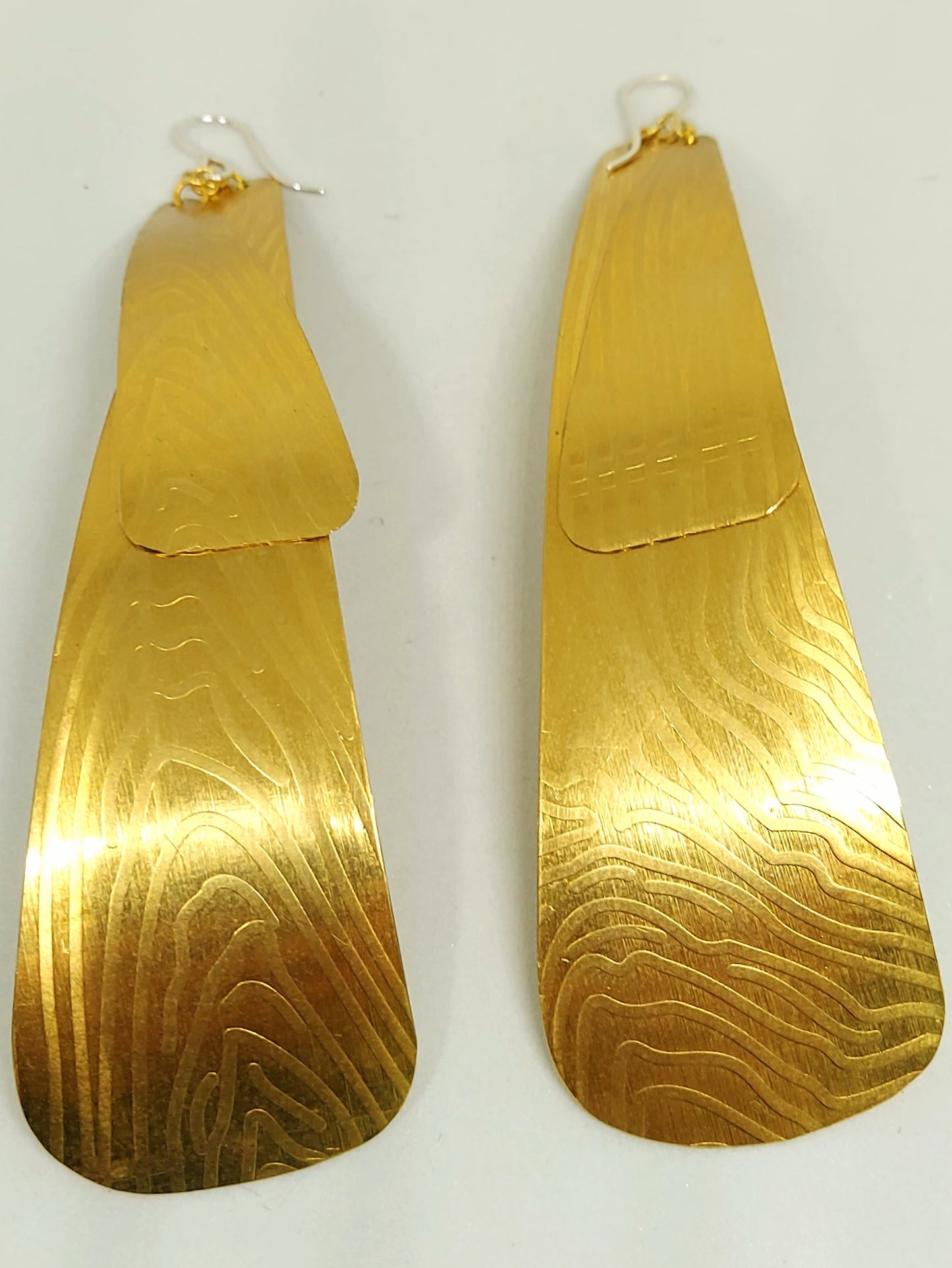 Long Double Thumbprint Pyramids Brass Earrings