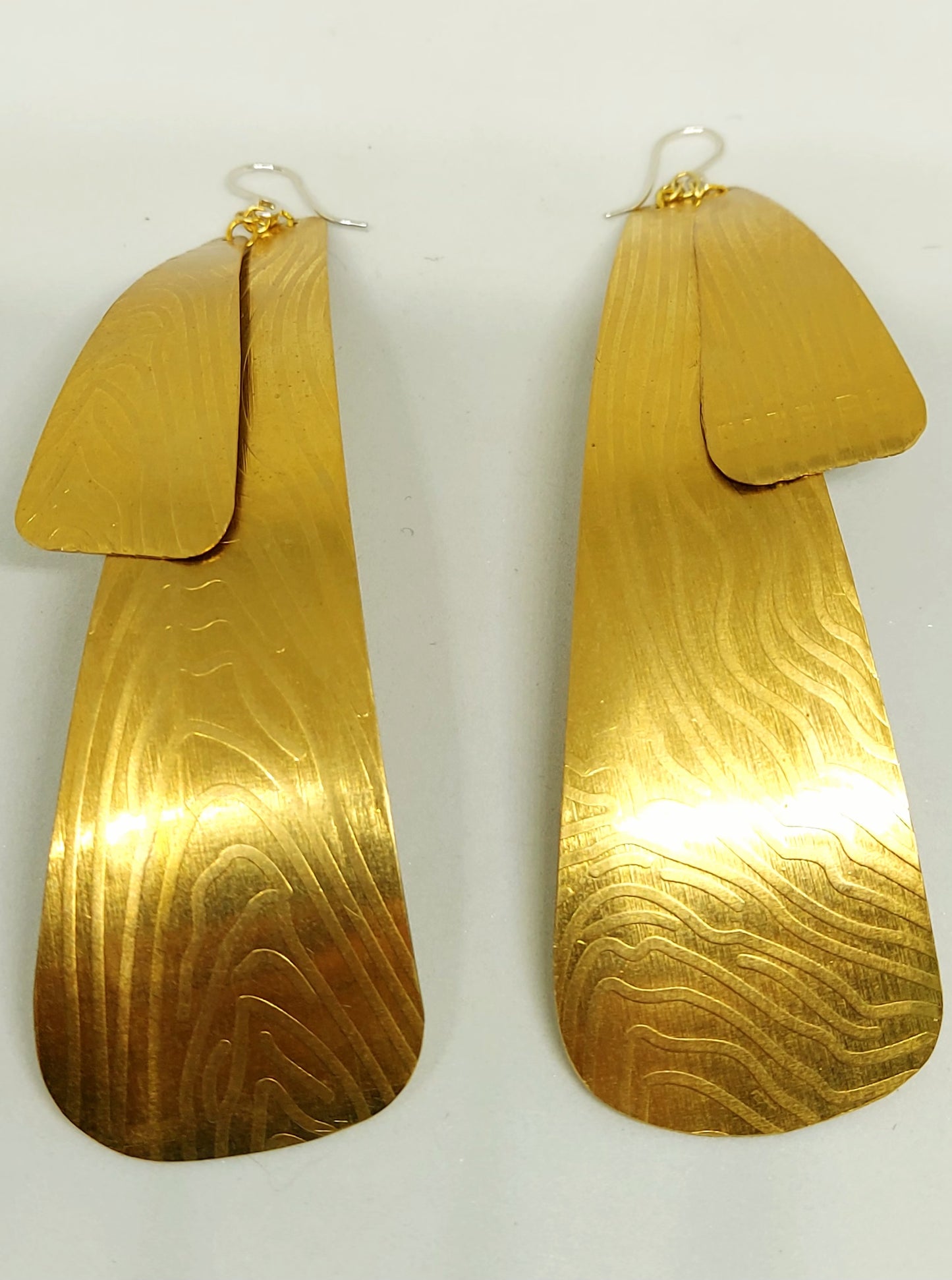 Long Double Thumbprint Pyramids Brass Earrings