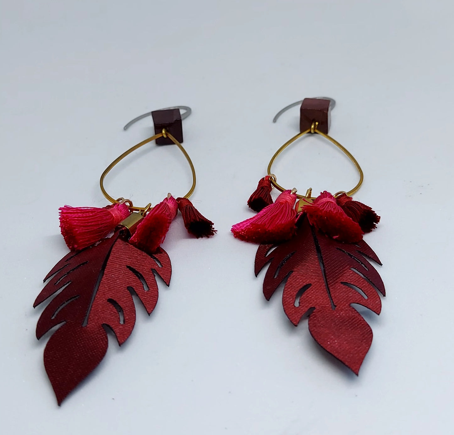 Burgundy Leaf and Fringe Earrings