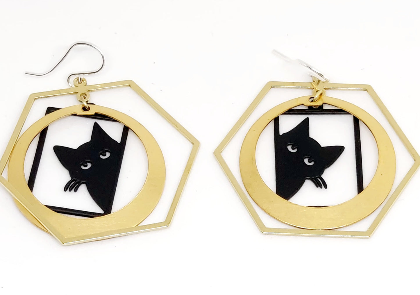 Black Cat Hex Hoop Earrings