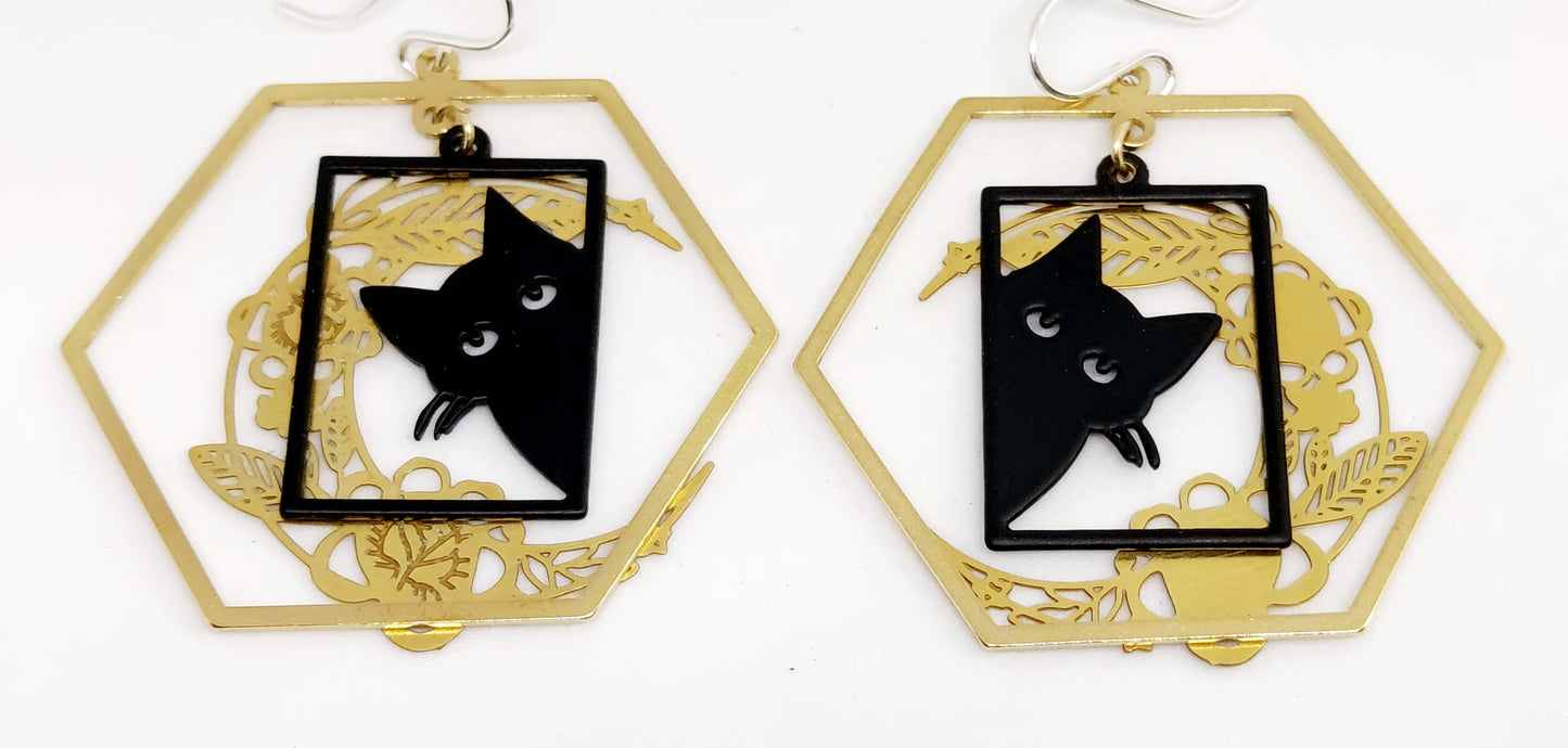 Black Cat Hex Moon Earrings