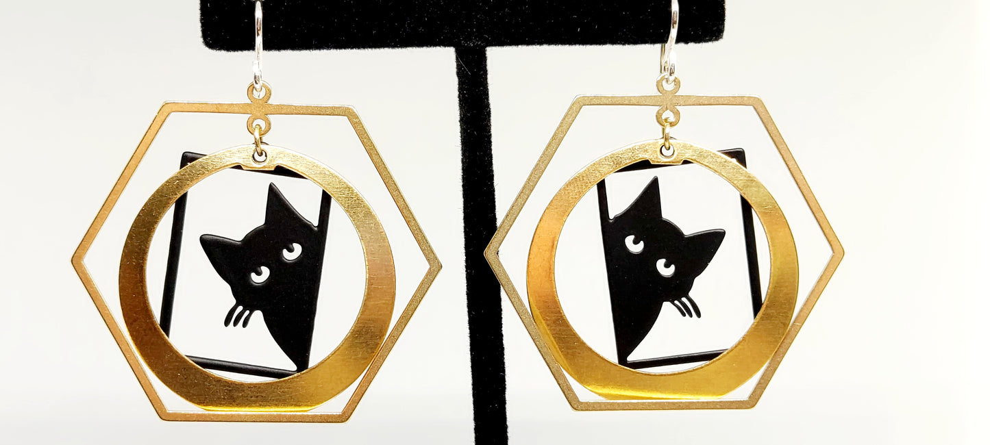 Black Cat Hex Hoop Earrings