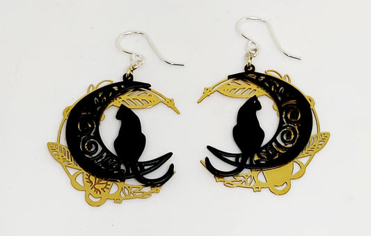 Black Cat Flower Moon Earrings