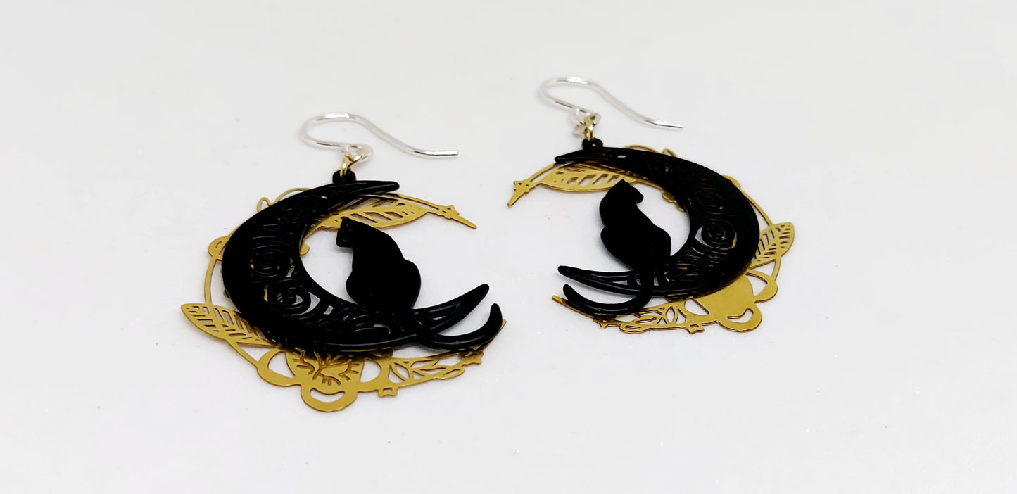 Black Cat Flower Moon Earrings