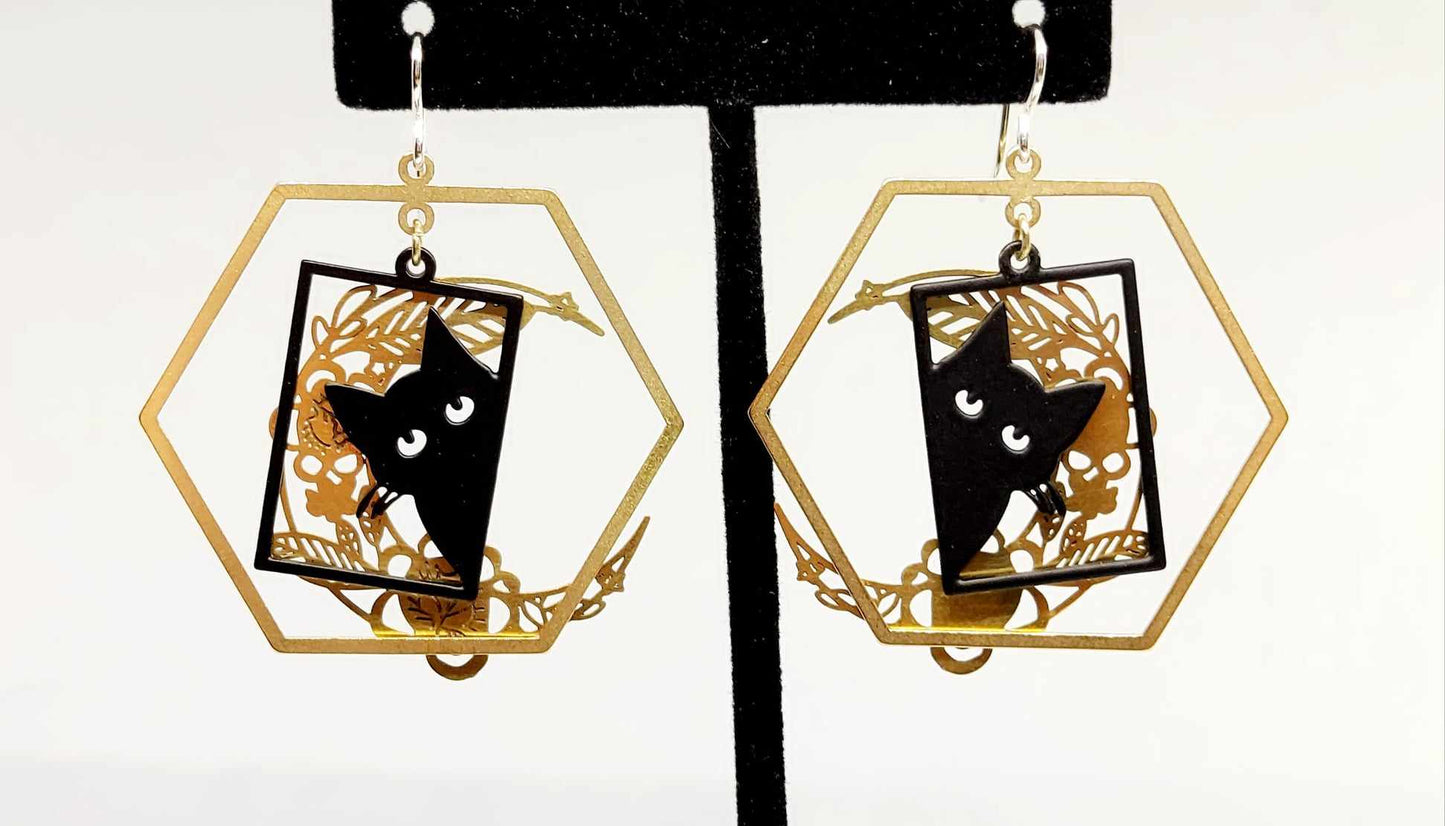 Black Cat Hex Moon Earrings