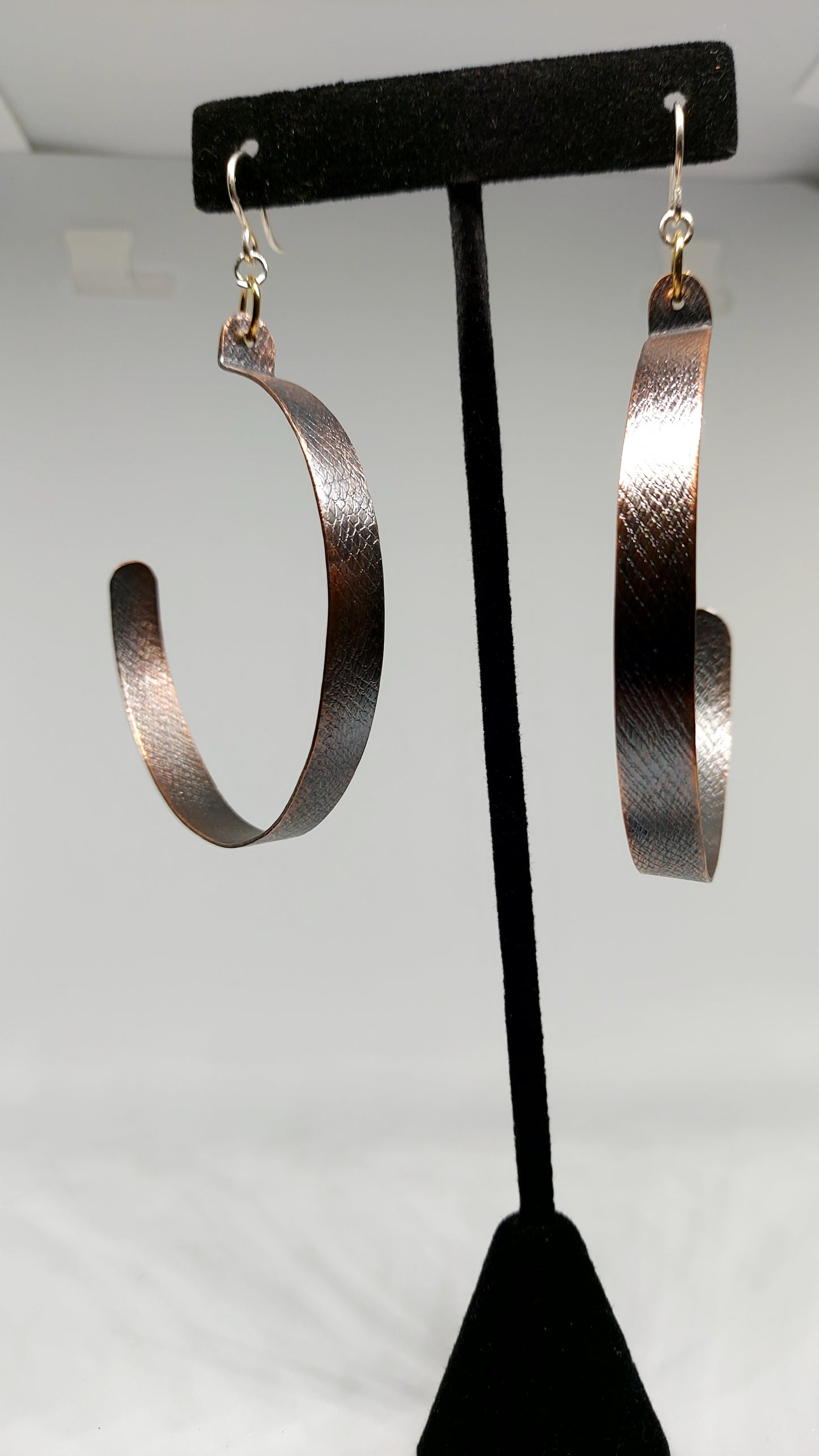 Medium Stained, Fabric Pressed Copper Hoops